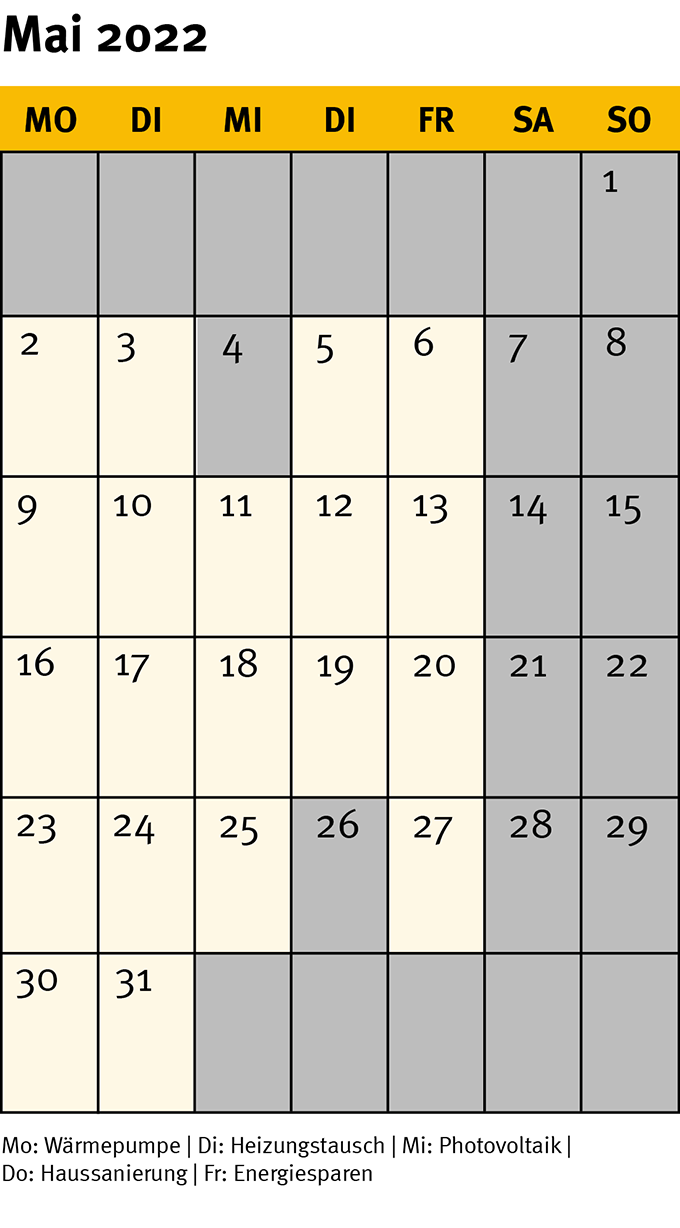 Die Grafik zeigt ein Kalenderblatt für den Monat Mai 2022.