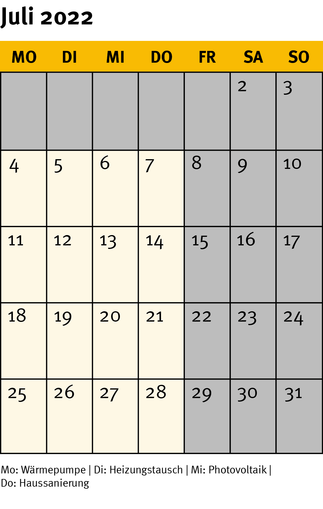 Die Grafik zeigt ein Kalenderblatt für den Monat Juli 2022.