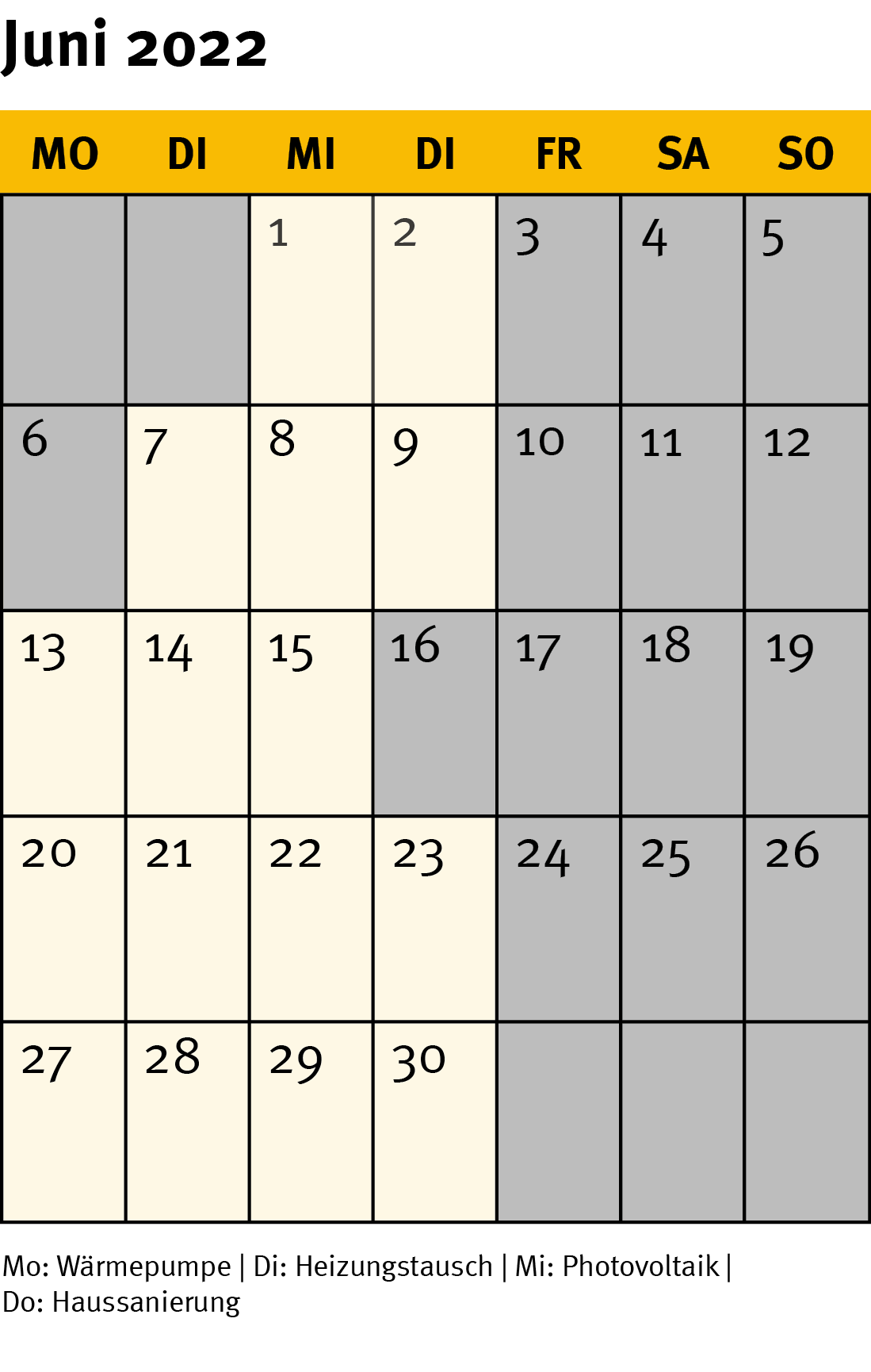 Die Grafik zeigt ein Kalenderblatt für den Monat Juni 2022.