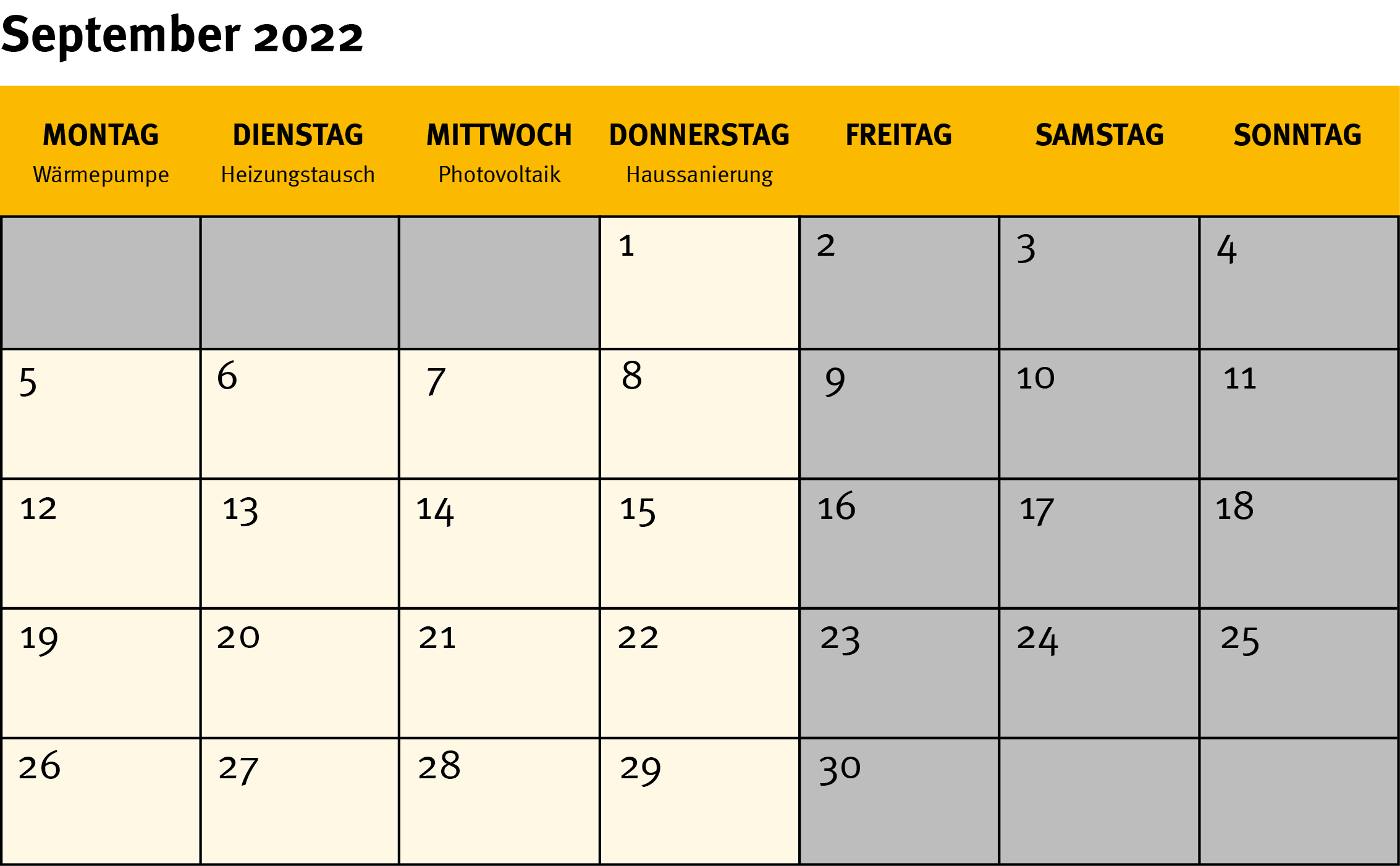 Die Grafik zeigt ein Kalenderblatt für den Monat September 2022.