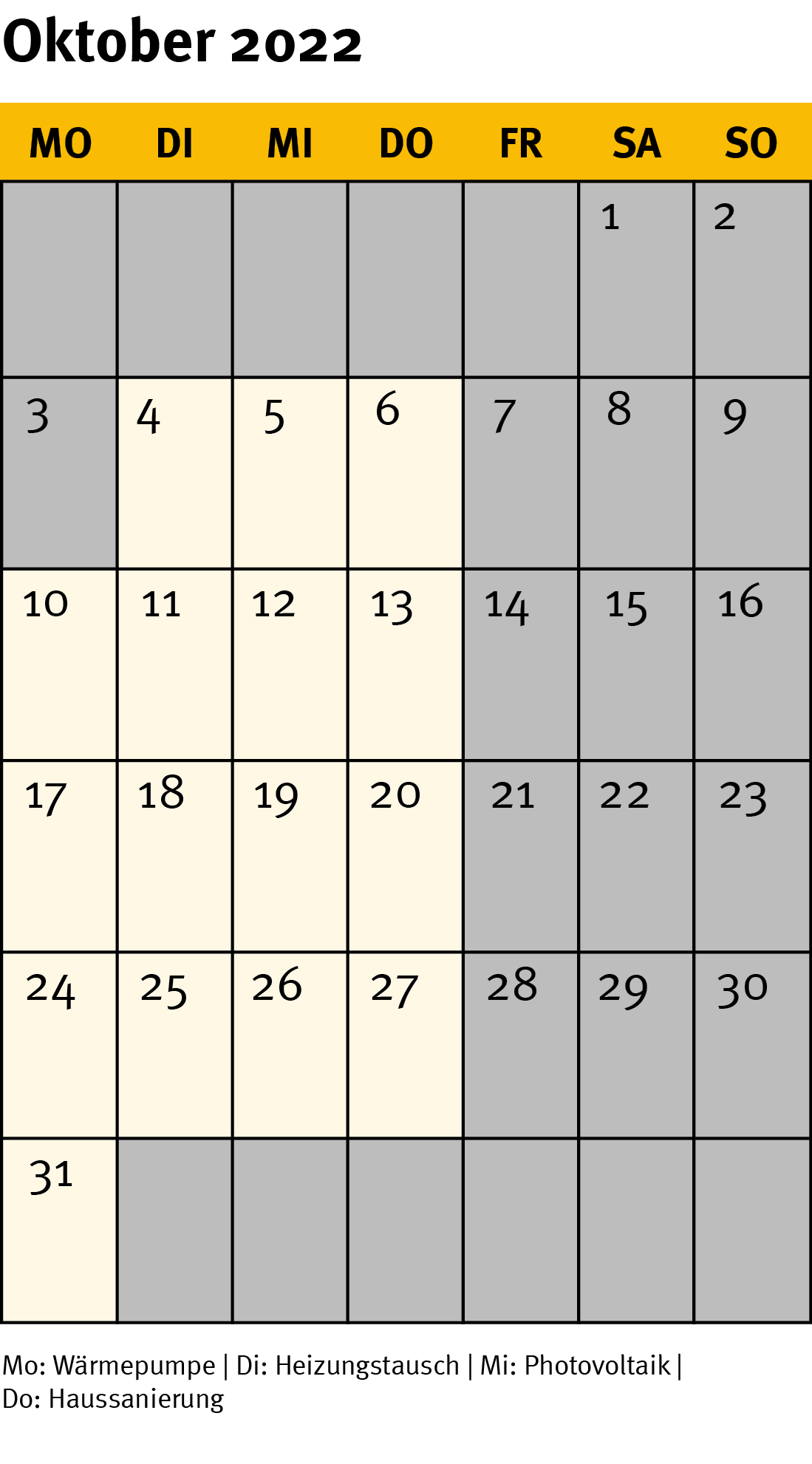 Die Grafik zeigt ein Kalenderblatt für den Monat Oktober 2022.