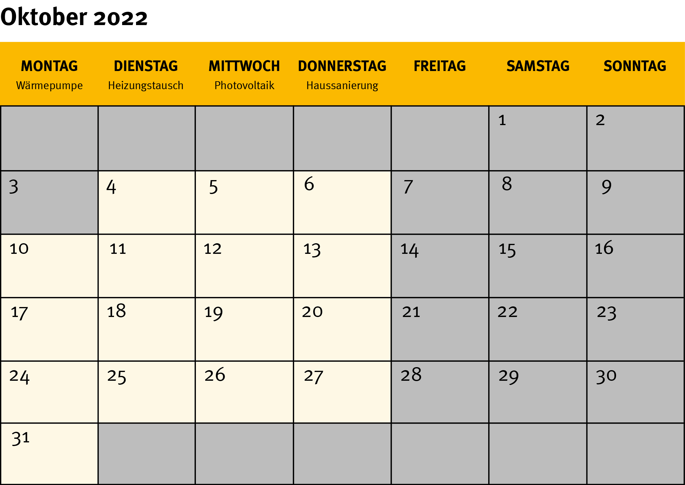 Die Grafik zeigt ein Kalenderblatt für den Monat Oktober 2022.