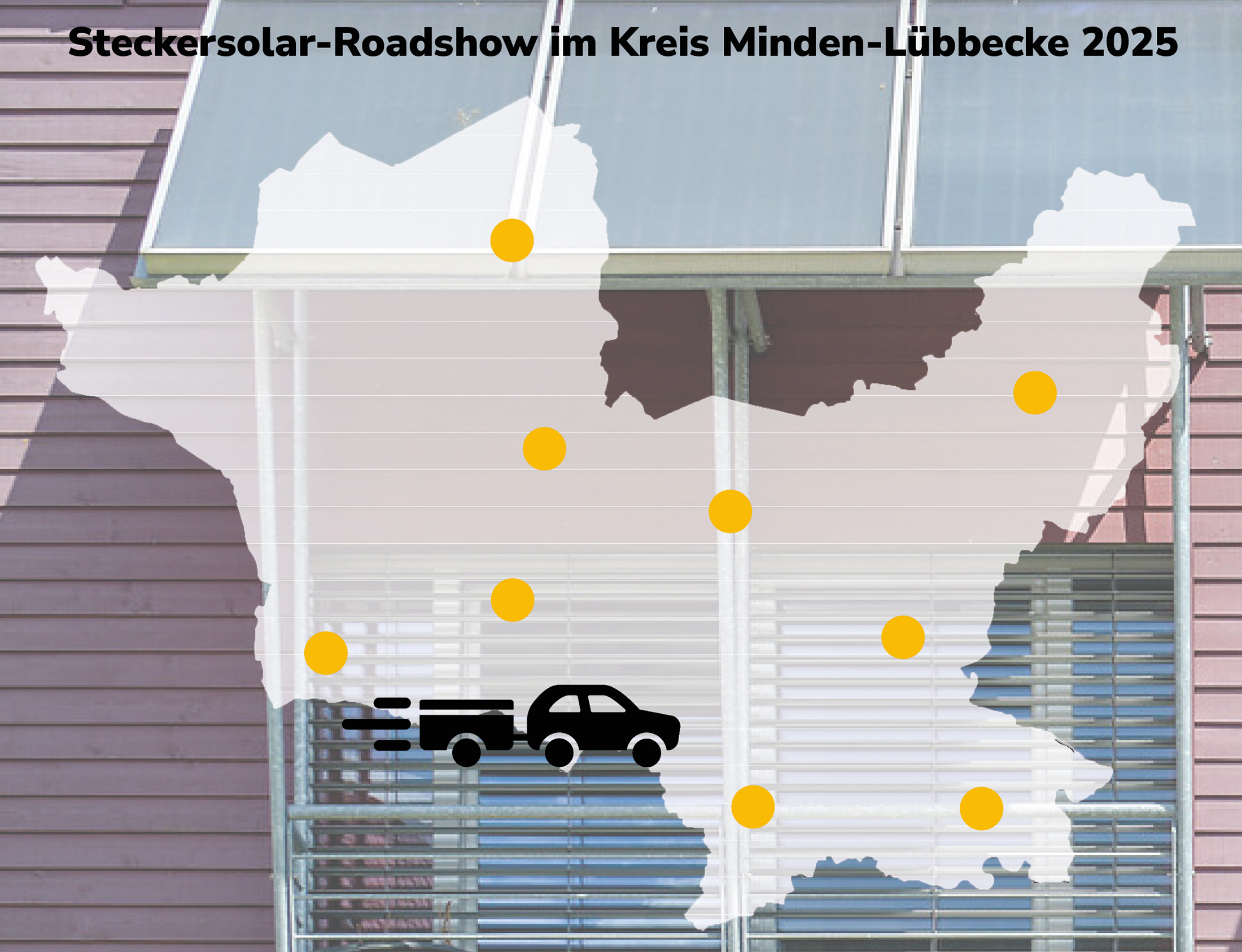 Karte vom Kreis Minden-Lübbecke mit acht Stopps der Steckersolar-Roadshow, im Hintergrund ein Balkon mit Stecker-Solargeräten