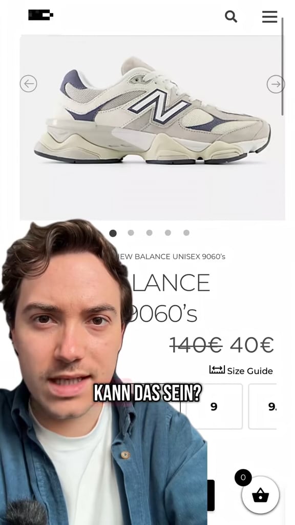 Ein junger Mann vor dem Screenshot eines Online-Shops, der New Balance 9060 Sneaker für nur 40 € statt 140 € anbietet. Ein Textelement im Vordergrund sagt „KANN DAS SEIN?“. Das Bild warnt offensichtlich vor unrealistischen Rabatten und potenziellen Fake-Shops.