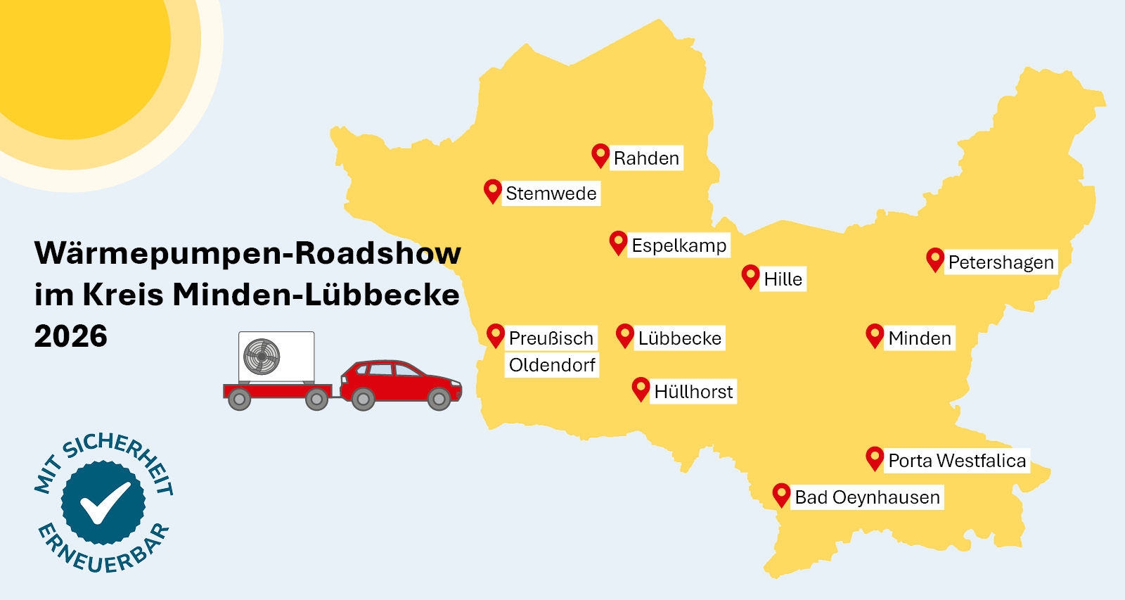 Karte vom Kreis Minden-Lübbecke mit elf Stopps der Steckersolar-Roadshow, im Hintergrund ein Balkon mit Stecker-Solargeräten