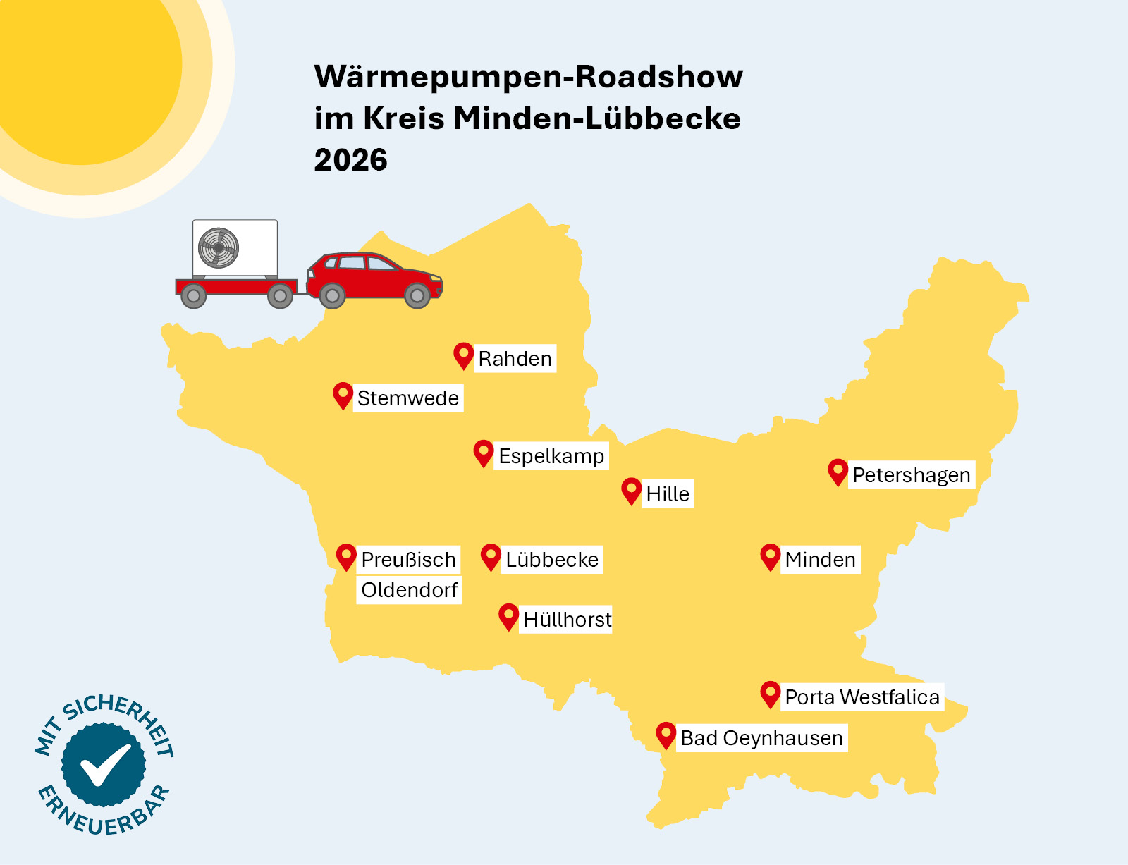 Karte vom Kreis Minden-Lübbecke mit elf Stopps der Steckersolar-Roadshow, im Hintergrund ein Balkon mit Stecker-Solargeräten