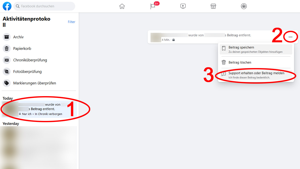 Screenshot Facebook-Aktivitätenprotokoll