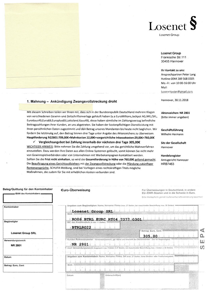 Betrugsbrief der angeblichen Firma "Losenet Group"