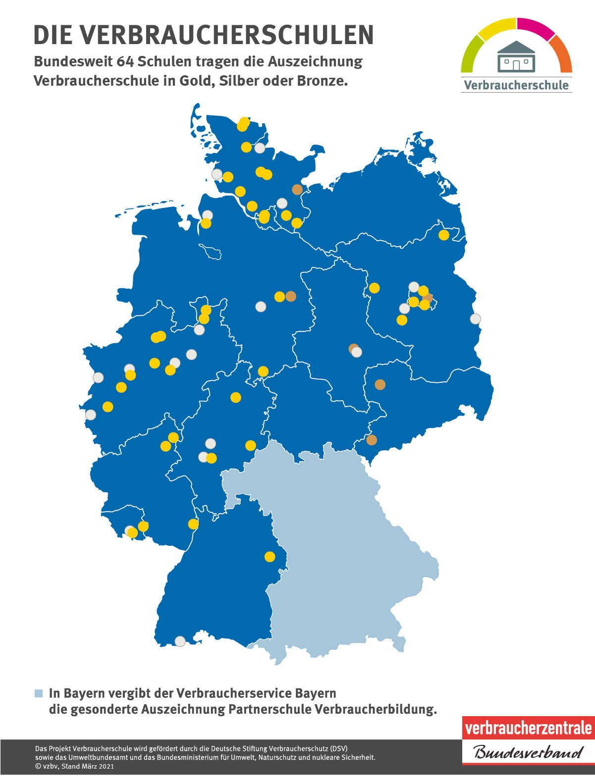 eine Deutschlandkarte mit den Standorten ausgezeichneter Verbraucherschulen