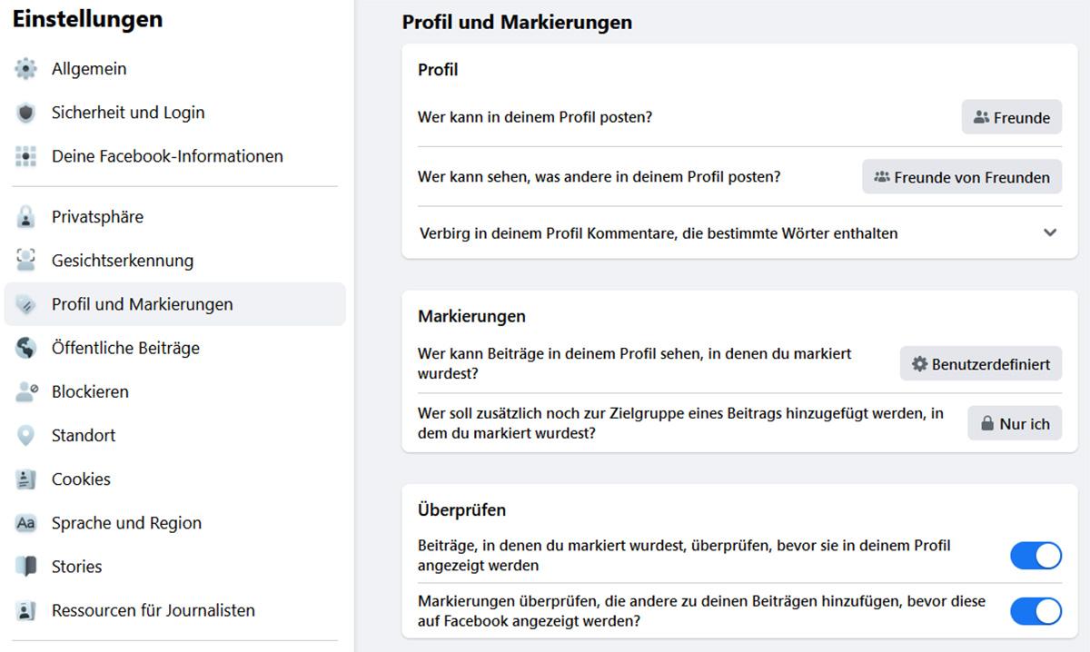 Screenshot Facebook-Einstellungen Chronik und Markierungen