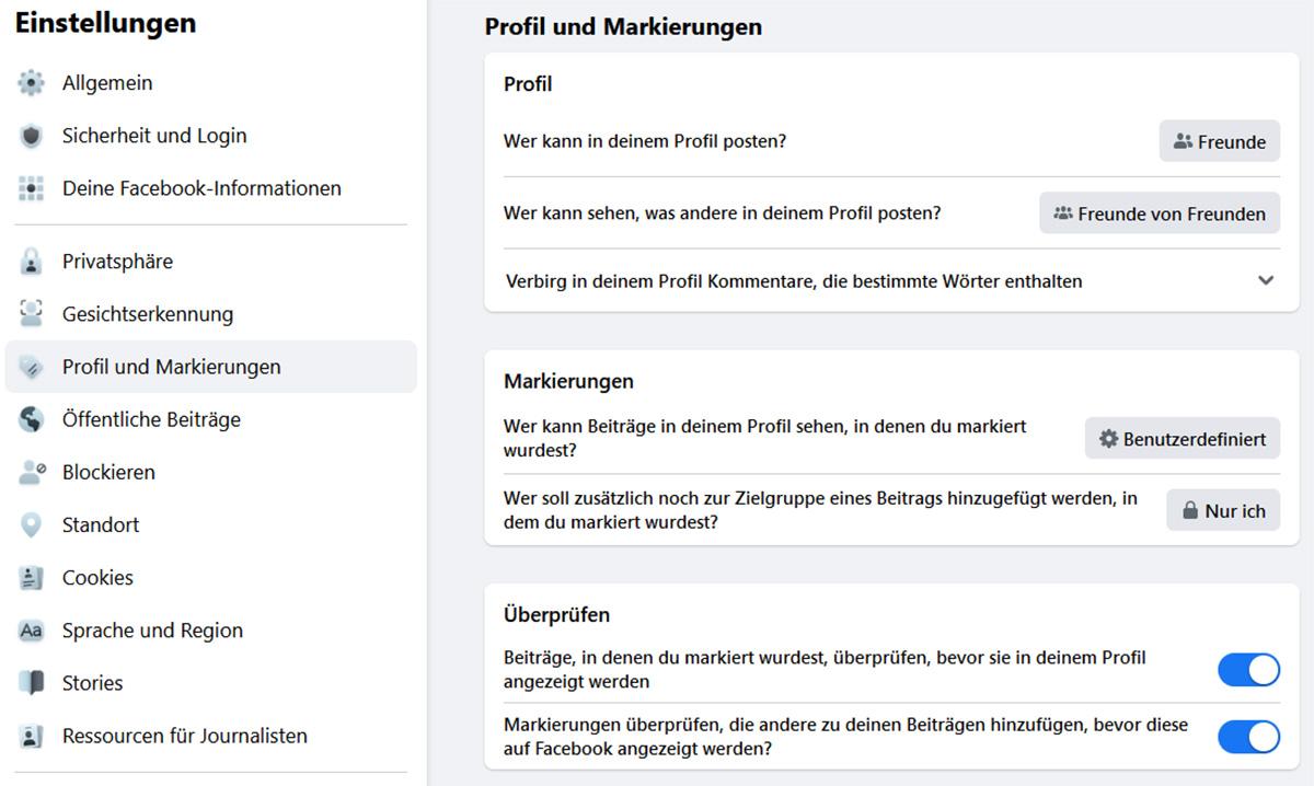 Screenshot Facebook-Einstellungen Chronik und Markierungen