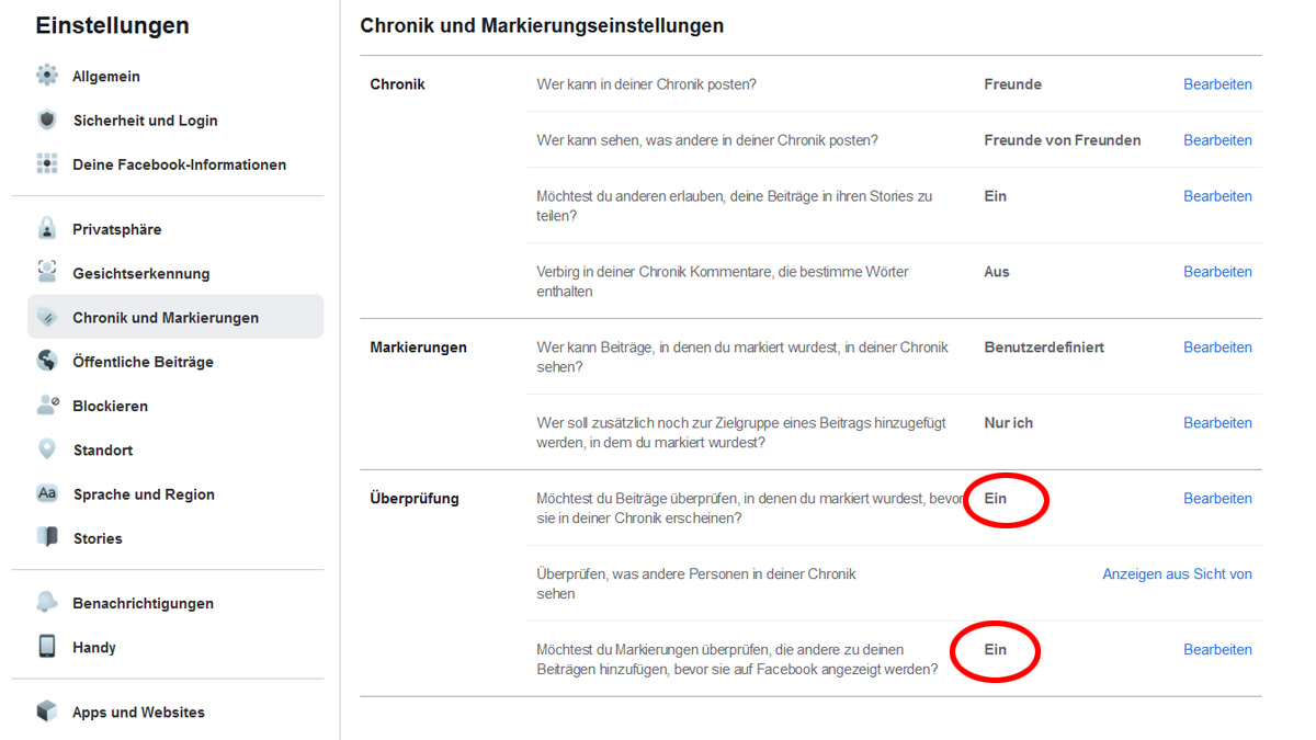 Screenshot Facebook-Einstellungen Chronik und Markierungen