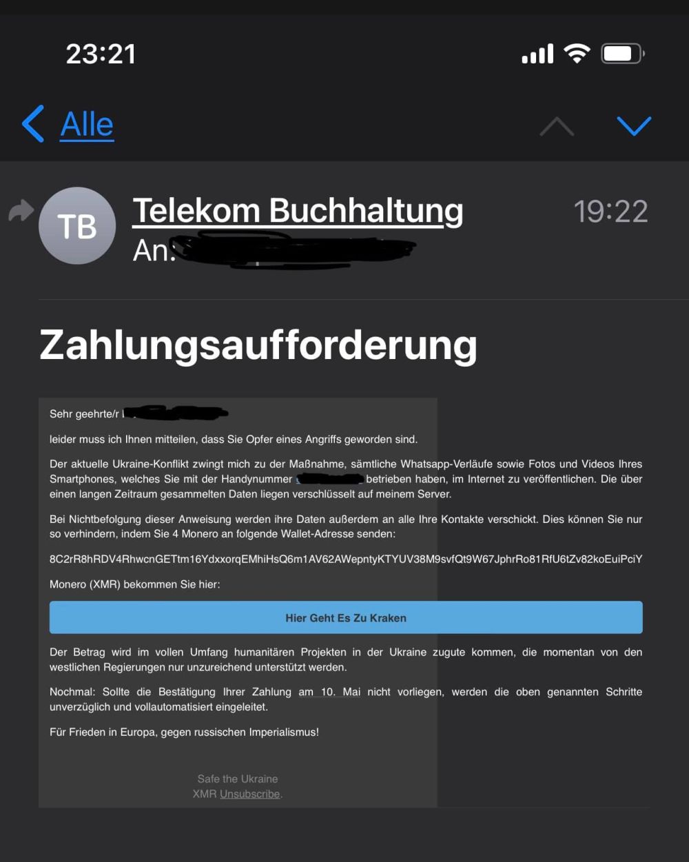 Screenshot einer E-Mail mit dem beschriebenen Erpressungsversuch