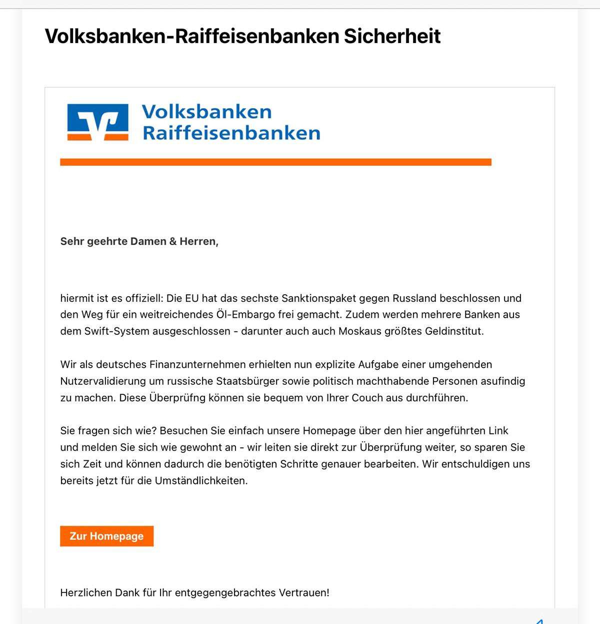 Screenshot einer Phishing-Mail mit Logo der Volksbanken und Raiffeisenbanken