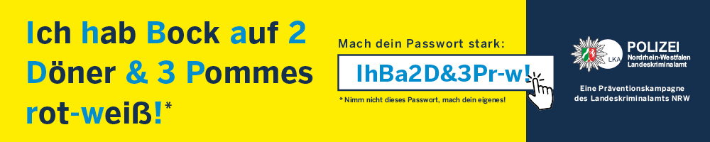 Grafik in gelb und blau, Text: Ich hab Bock auf 2 Döner & 3 Pommes rot-weiß! ergibt als Passwort IhBa2D&3Pr-w!