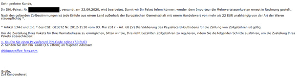 Screenshot einer Betrugs-Mail, die angeblich vom Zoll stammt.