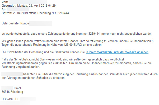 Screenshot E-Mail mit Fake-Rechnung