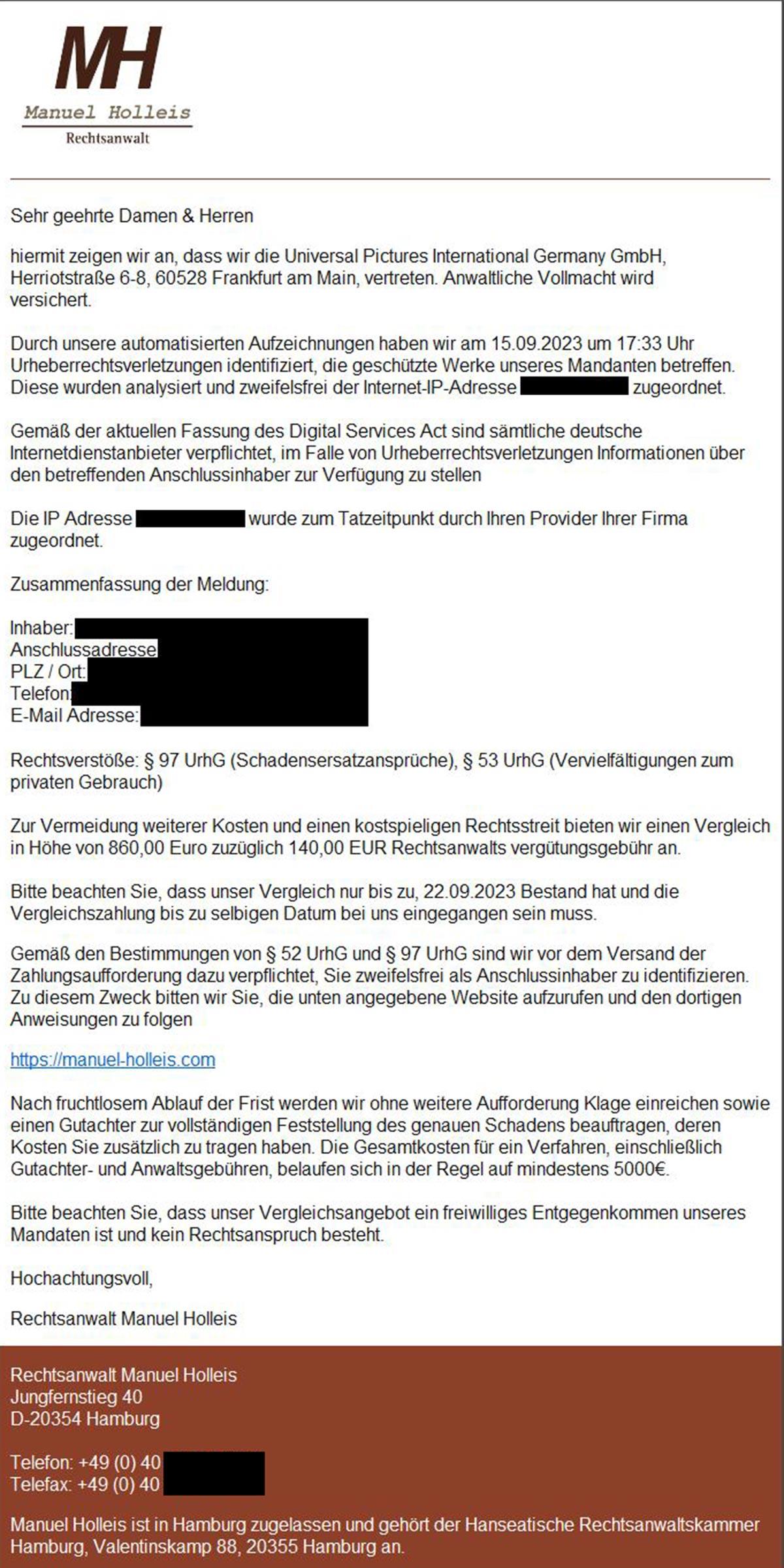 Screenshot einer betrügerischen E-Mail des angeblichen Anwalts Manuel Holleis