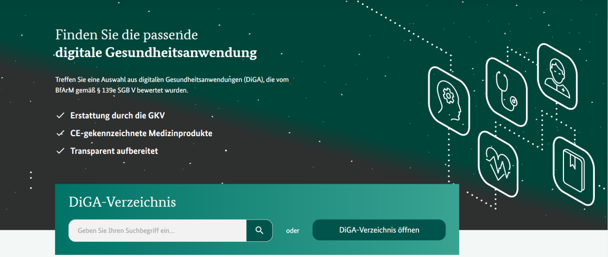 Screenshot des DIGA-Verzeichnisses online