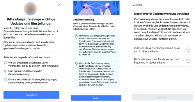 Screenshots von der Frage an Nutzer, ob Facebook die Gesichtserkennung starten darf