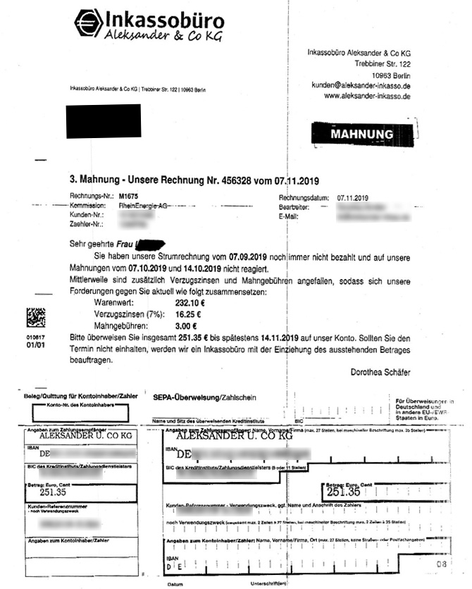 Engescannter Brief Inkassobüro Aleksander & Co. KG