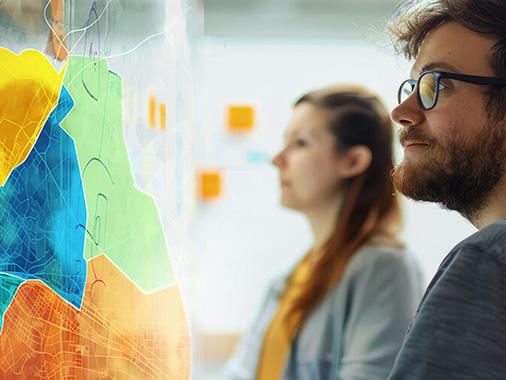 Eine Frau und ein Mann schauen auf einen eingefärbten Stadtplan