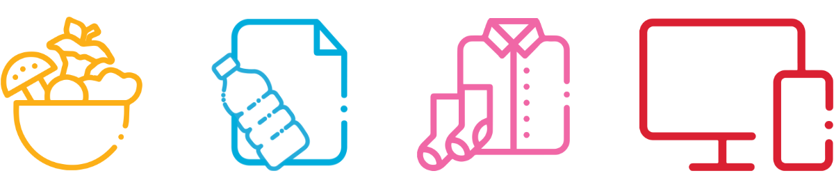 Vier stilisierte Icons - eine Obstschale, ein Blate mit einer Plastikflasche, ein Hemd und Socken, ein Monitor mit Handy