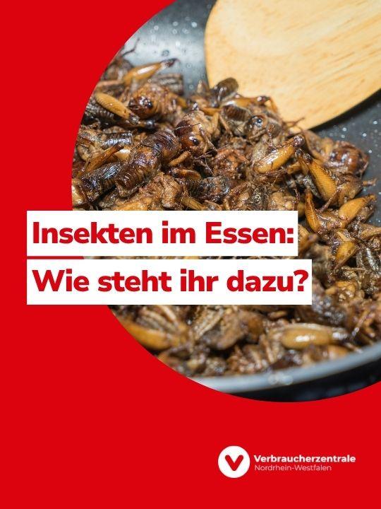 Foto von Grillen vor einem Holzlöffel in einer Pfanne, Text: "Insekten im Essen: Wie steht ihr dazu?" und das Logo der Verbraucherzentrale Nordrhein-Westfalen
