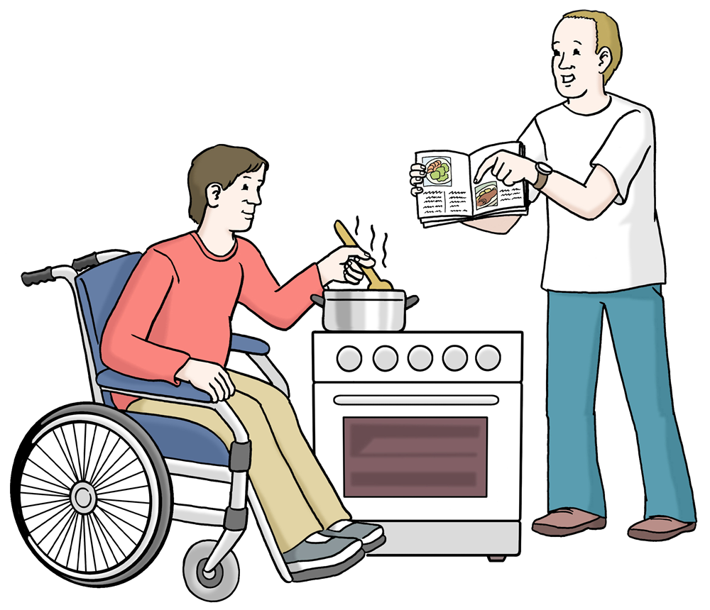 Mann mit Rollstuhl und Mann am Herd beim Kochen