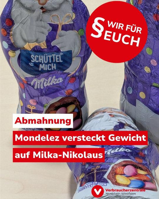 Schoko-Weihnachtsmann von Milka mehrfach und Logo der Verbraucherzentrale NRW, dazu der Text "Abmahnung: Mondelez versteckt Gewicht auf Milka-Nikolaus" sowie "Wir für euch"