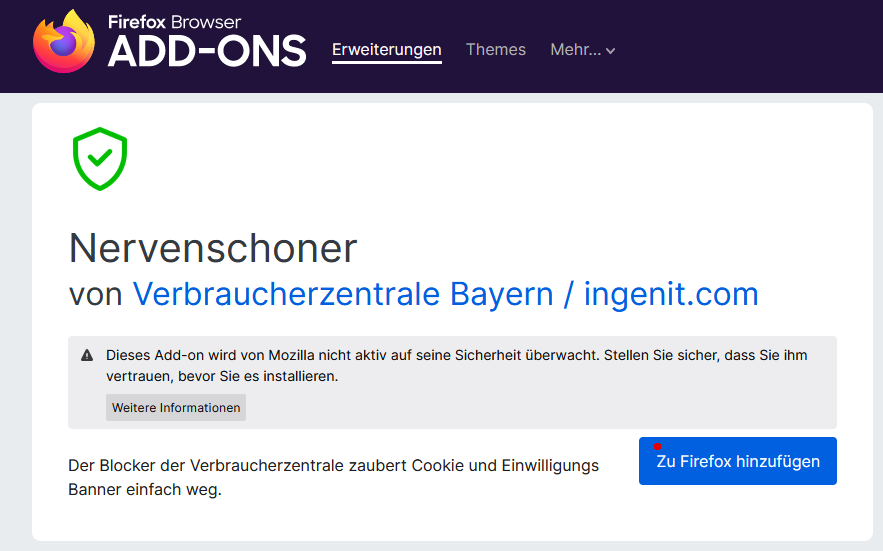 Ansicht zur Installation des Nervenschone aus dem Firefox-Store