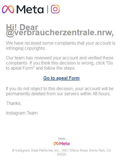 Phishing-Mail mit Logos von Instagram und Meta