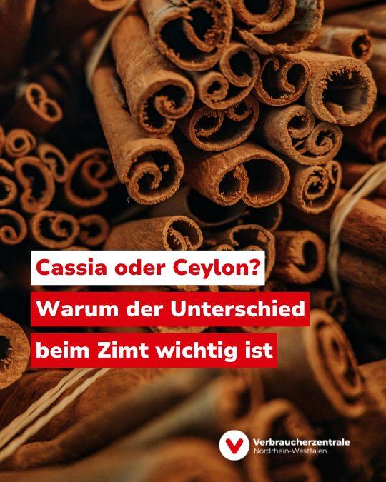 Bild von Zimtstangen in Nahaufnahme, dazu das Logo der Verbraucherzentrale NRW und der Text "Cassia oder Ceylon? Warum der Unterschied beim Zimt wichtig ist."