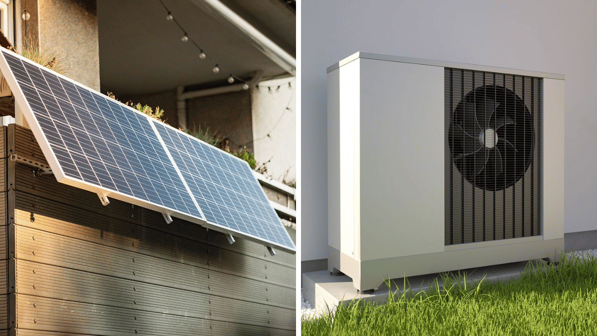 Links: Photovoltaikmodule an Balkonbrüstung, rechts: Wärmepumpe vor weißer Hausfassade