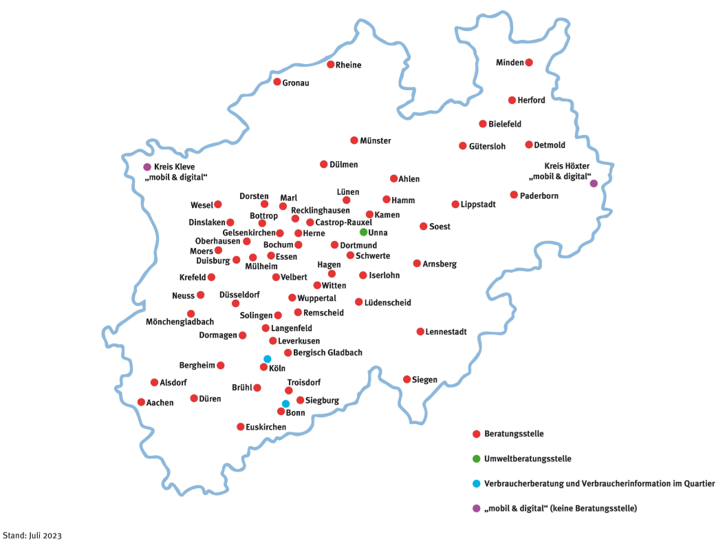 Karte von NRW mit Beratungsstellen