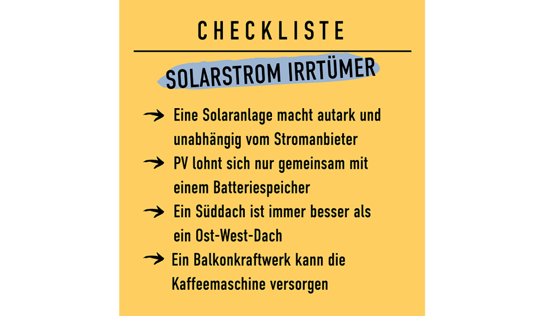 Checkliste von Irrtümern über Solarstrom