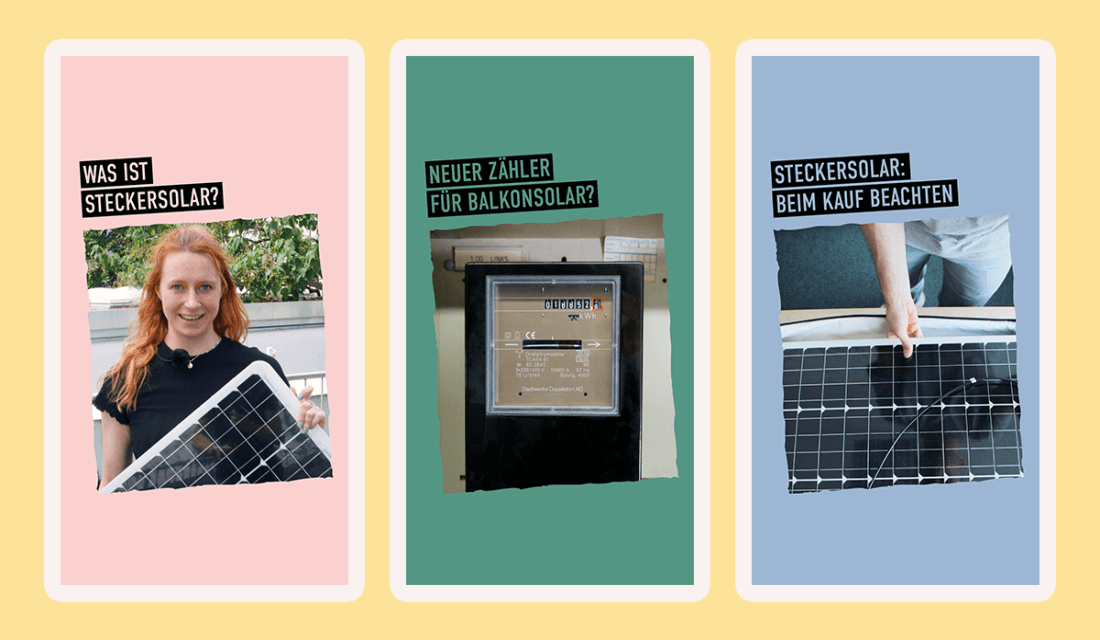 Vorschaubilder dreier Instagram-Reels zu verschiedenen Aspekten von Steckersolar