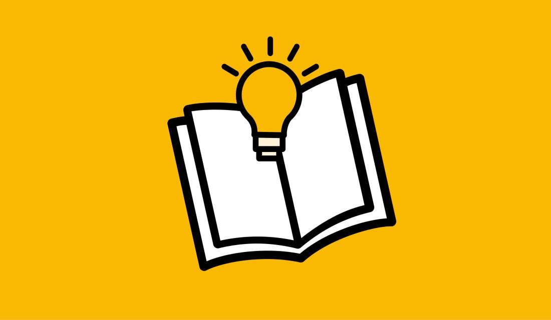 Icon zeigt aufgeschlagenes Buch mit Glühbirne