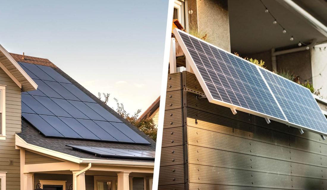 Links Photovoltaik-Anlage auf Hausdach, rechts Steckersolar-Gerät am Balkon
