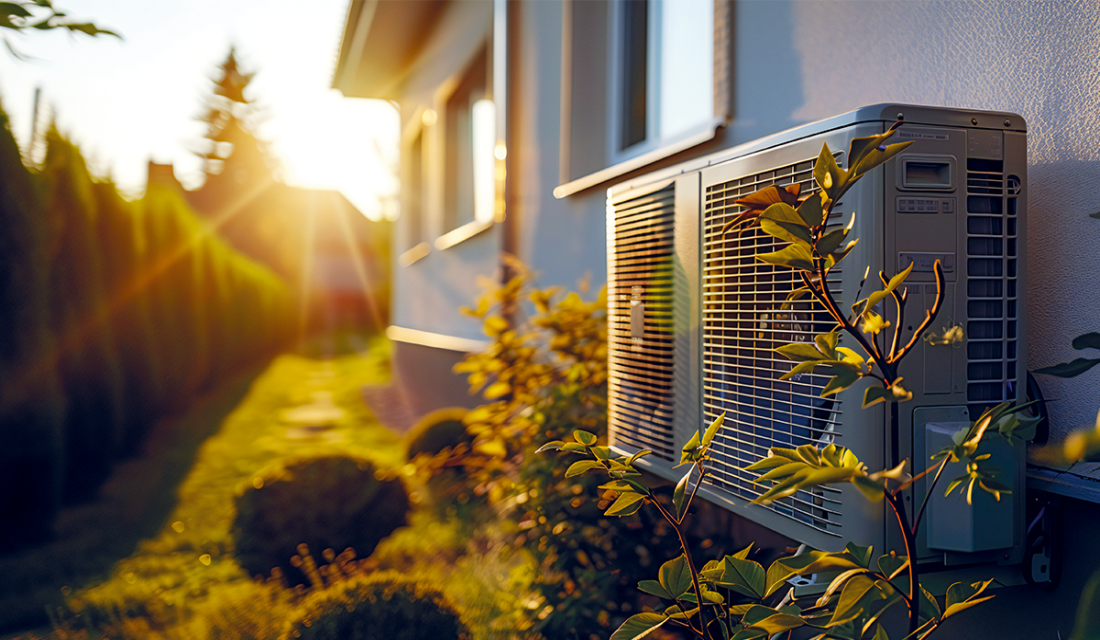 Wärmepumpe vor Hauswand Sonnenuntergang
