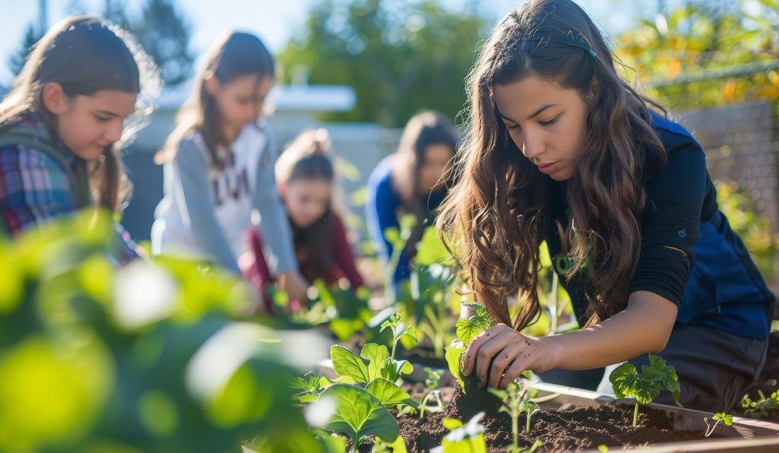 Mädchen gärtnern an einem Hochbeet