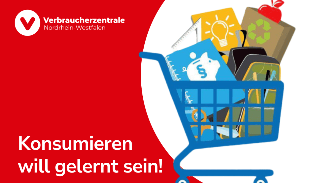 Einkaufswagen sowie der Text "Konsumieren will gelernt sein"