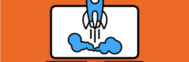 Laptop-Icon, aus dem eine Rakete startet