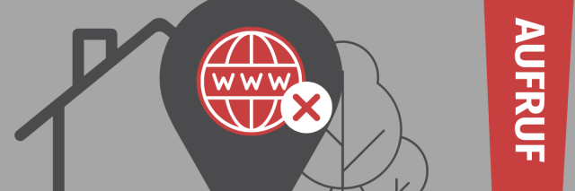 Ein Ausrufezeichen mit dem Wort Aufruf, daneben ein Haus und ein Symbol für Internet.