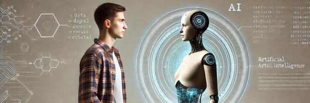 Das Bild zeigt einen 45-jährigen Menschen, der in Alltagskleidung einer KI gegenübersteht, die durch digitale Codes, Schaltkreise und holografische Elemente als datengetriebener Computer erkennbar ist, während sie sich in die Augen blicken.