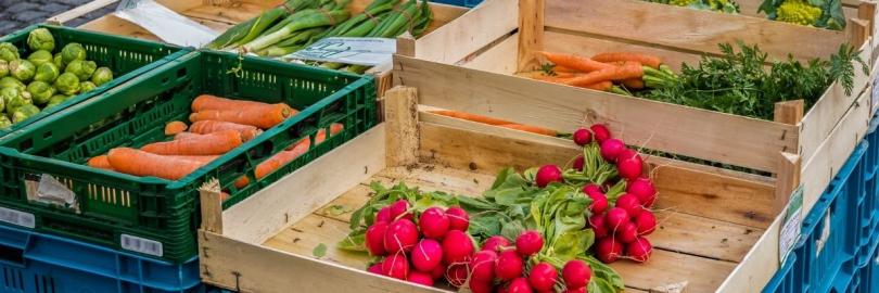 Radieschen, Möhren und weitere Gemüsesorten in Kisten auf dem Markt