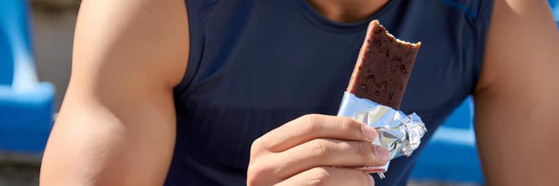 Mann in Sportkleidung hält einen Proteinriegel in der Hand