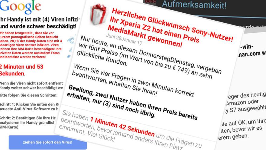 Screenshots verschiedener angeblicher Viren-Warnungen und Gewinnbenachrichtigungen