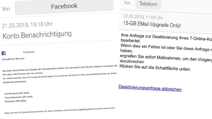 Screenshots zweier Phishing-Mails