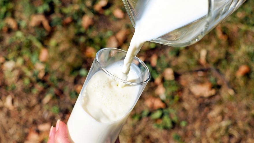 Frau gießt Milch aus einer Kanne in ein Glas auf einem Feld